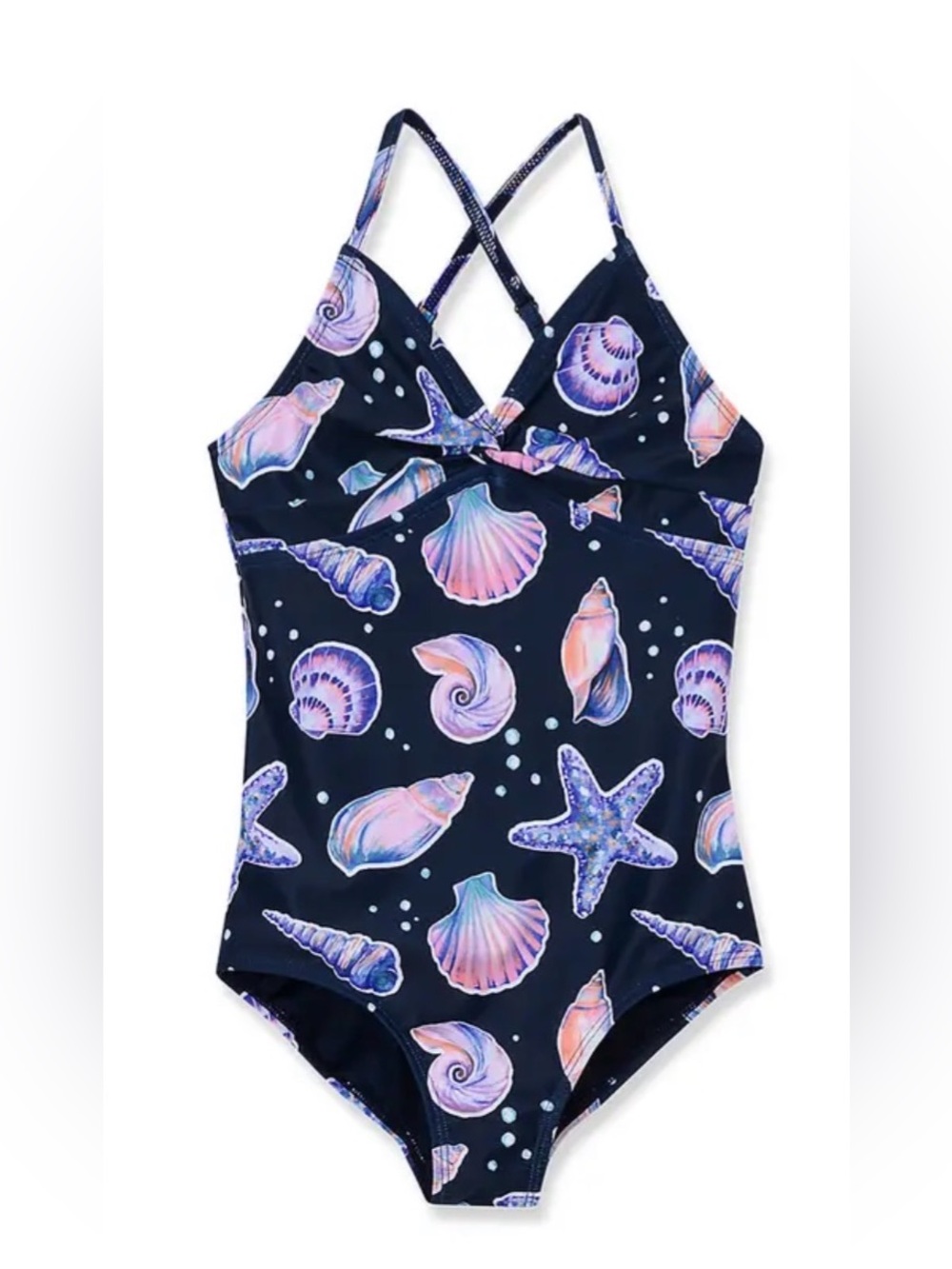 NWOT Lands' End Galaxy Shell One-Piece Swimsuit Seashells Front Twist Navy
